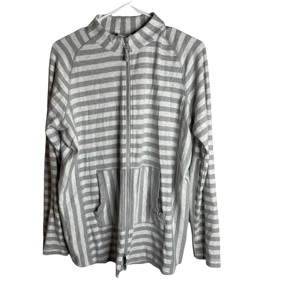 Joan Vass 2 Women's Full Zip Jacket White Gray Striped L 12/14 Pockets